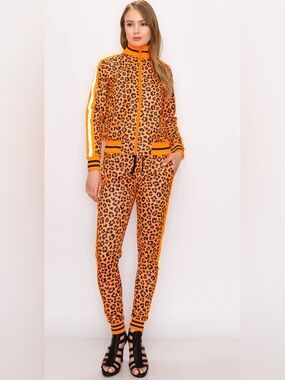Victorious Neon Orange Leopard Print Jogger Suit, Size Small, NWOT
